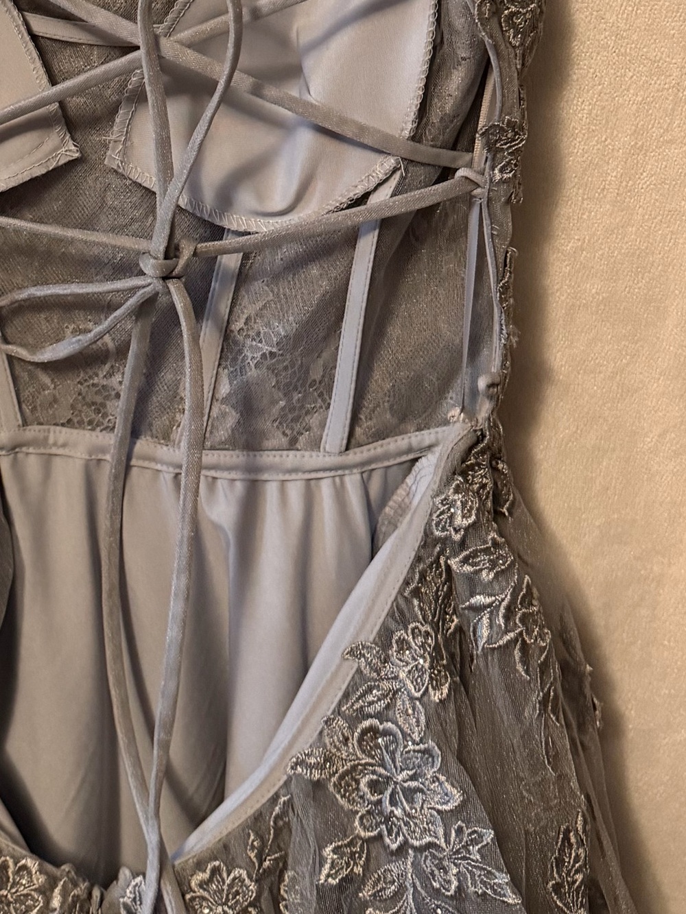 La Femme Silver Gray Embroidered Formal Gown - Picture 8 of 14